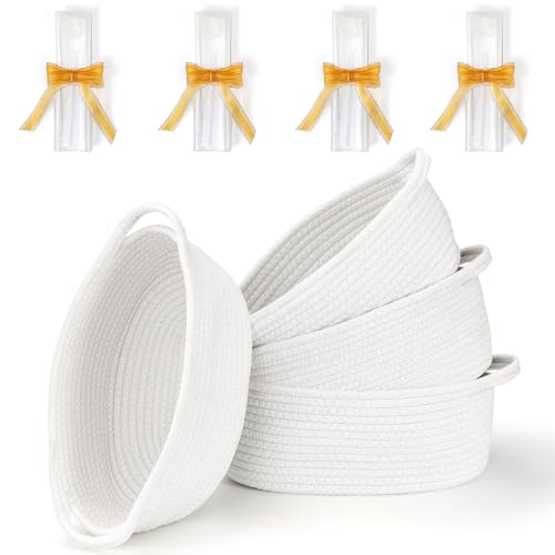 4 Pack Small Woven Basket with Handles, All 12"x 8"x 5", Cotton Rope Room Shelf Storage Basket, Cat Toys, Cute Baby Gift B...