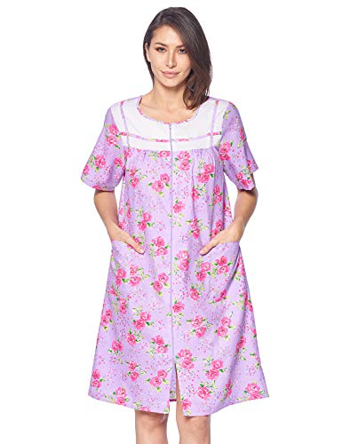 Casual Nights Women's Zipper Front House Dress Short Sleeve Woven Housecoat Duster Lounger Robe with Pockets