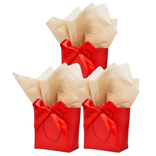 Aosric 12 Pack Red Tote Gift Bags with Bow Ribbon – 7.48x3.54x7.9 Elegant Small Cardstock Gift Bag with handles & Base Sup...