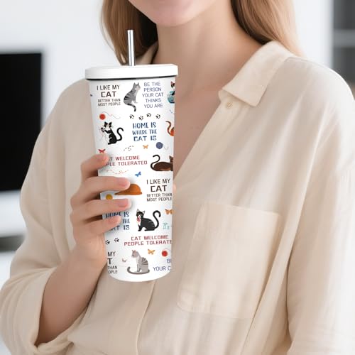 FAIVHSO Cat Gifts for Women, 24 oz Insulated Tumbler with Lid and Straw, Stainless Steel Water Bottle, Coffee Cups Travel ...