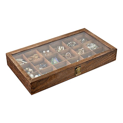 MOOCA Wooden Jewelry Display and Beads Display Storage Case with Tempered Glass Lid , 18 Compartments, 15" W x 8 3/8" L x ...
