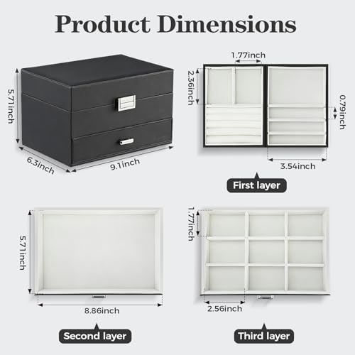 Dajasan Jewelry Organizer Box, Large Jewelry Boxes for Women Girls, Space-Saving 3 Layers Jewelry Storage Case with Drawe...