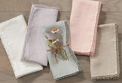 SARO LIFESTYLE 15062.N20S Pomponin Collection Linen Pom Napkins (Set of 4), 20" Natural
