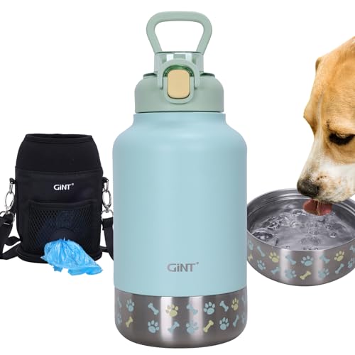 GiNT 37oz Insulated Stainless Steel Dog & Human Water Bottle | Leakproof Travel Dispenser with Detachable 10oz Bowl, 24H C...