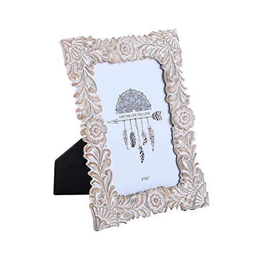 NIKKY HOME Farmhouse Boho Style Floral Picture Frame 4x6 Rustic Resin Photo Frame with Distressed White Finish, High Defin...
