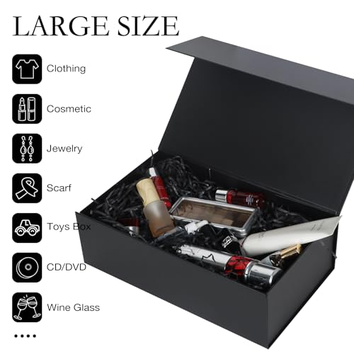 LFBOX Black Gift Box with Magnetic Lids 13.8x8.3x4.4 in, Large Bridesmaid Groomsman Proposal Boxes 1 Pack, Collapsible Rec...