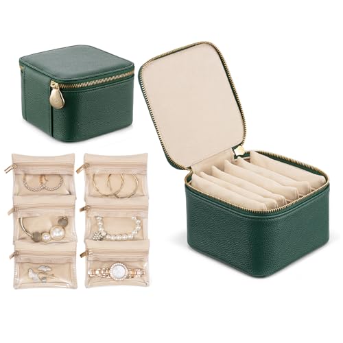 VLANDO Travel Jewelry Box Organizer – Portable PU Leather Jewelry Case with 6/8/12 Zippered Pouches, Compact Storage for E...