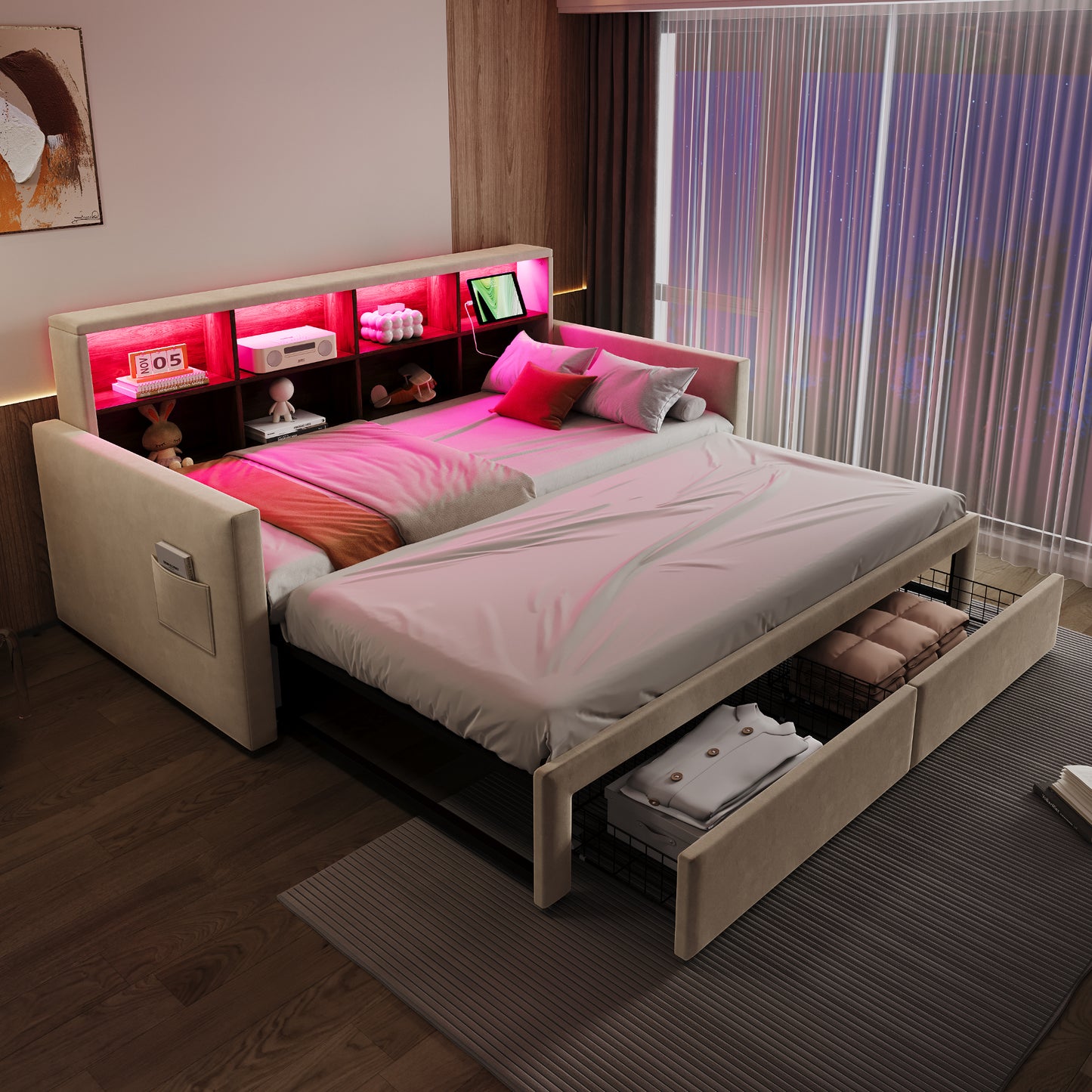 Pull-out Upholstered Bed Sofa Bed 90-180 X190cm, Headboard With Integrated Storage Compartments, LED Light Strip And Charging Sockets, With Two Drawers And Slatted Frame, Velvet Fabric Beige