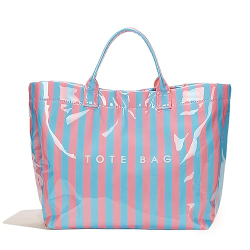 Lushandy Striped PVC Tote Bag for Women, Waterproof Plastic Tote Bag for Beach Pool Large Top Handle Travel Hobo Handbag