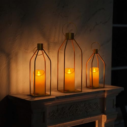 Kehail Elegant Gold Decorative Lanterns Set of 3-19/16/13 Inch Metal Indoor Lanterns Decorative with Flickering LED Candle...