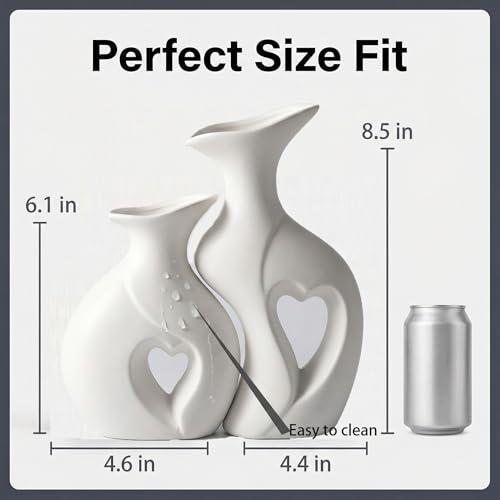 White Heart Vase Set of 2,Modern Vases for Home Console Table Decor for Living Room Coffee Table Fireplace Bookshelf Decor...
