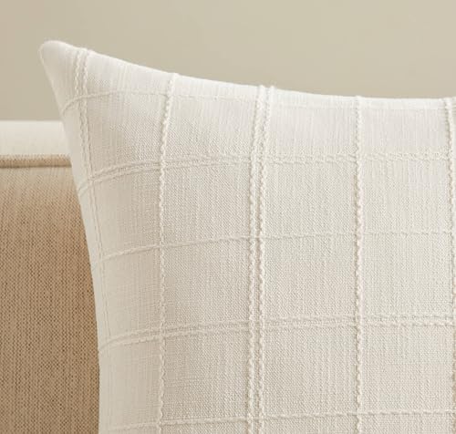 ZeeMart Linen Checked Throw Pillow Covers Set of 2, 18x18 Inch Ivory/Cream, Farmhouse Decorative Single Sided Grid Embroid...