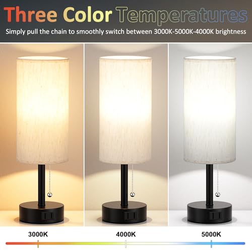 Fenmzee Bedside Table Lamps Set of 2-3 Color Temperatures Pull Chain Lamp with AC Outlet Charging Port, Small Round Night ...