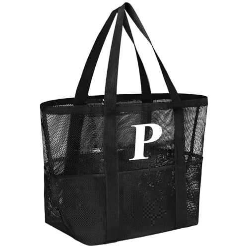 wanchel Personalized Mesh Beach Bag for Women - Waterproof Initial Tote Bag for Family Travel, Toys, Vacation Essentials