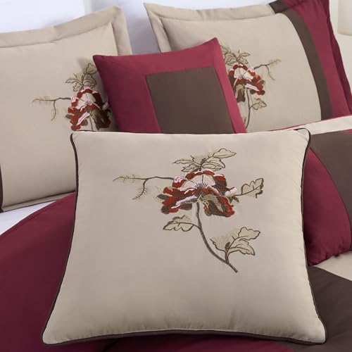 Chezmoi Collection Vienna 7-Piece Embroidered Floral Comforter Set (King, Burgundy Taupe Brown)