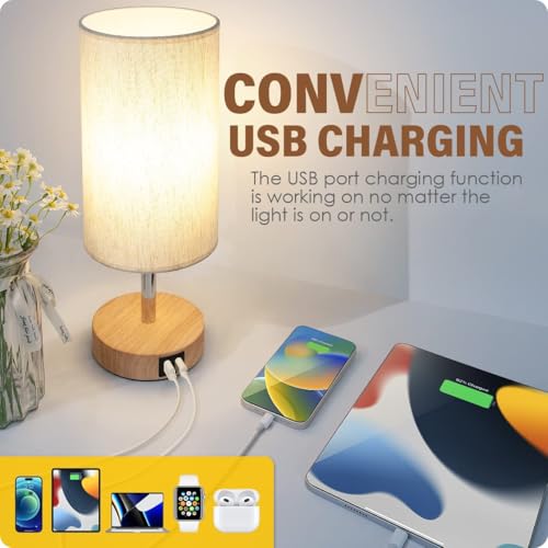 Yarra-Decor Bedside Table Lamp with USB Port - Touch Control for Bedroom Wood 3 Way Dimmable Nightstand Lamp with Round Fl...