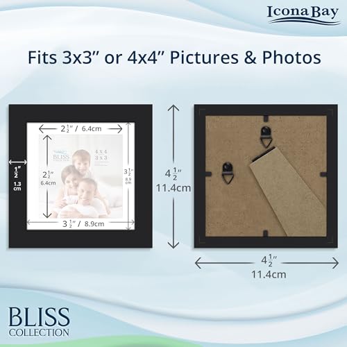 Icona Bay - 4x4 Black Picture Frame with Removable Mat to 3x3 Photo - Modern Style Engineered Wood Picture Frame - Table T...