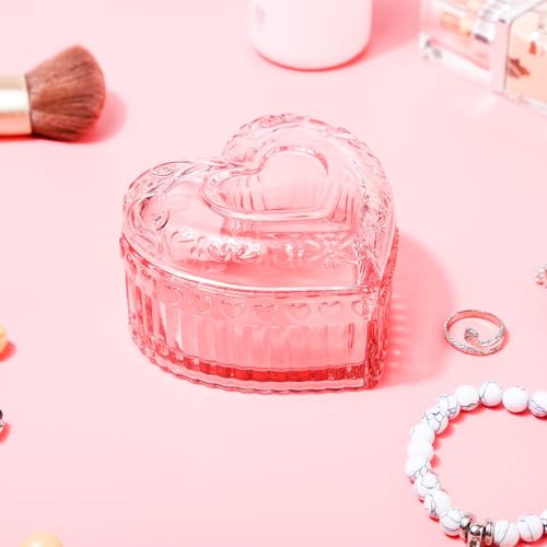 MTJYQYF Vintage Glass Jewelry Box - Heart Shaped Display Box for Storage Ring Earring Trinket Jewelry, Pink Cute Room Deco...