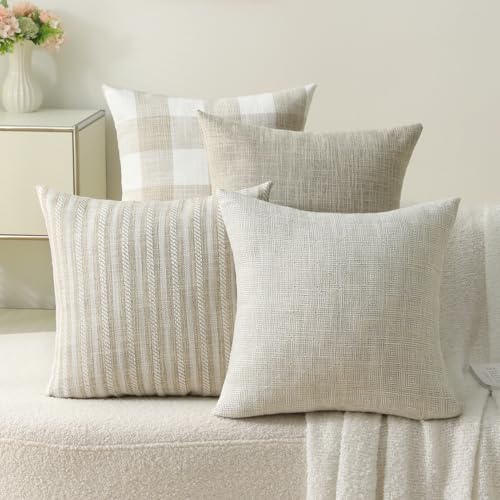 Linen Check Decorative Pillow Covers 20x20 Inch Set Of 4, Boho Throw Pillow Covers Square Couch Pillow Soft Accent Farmhou...