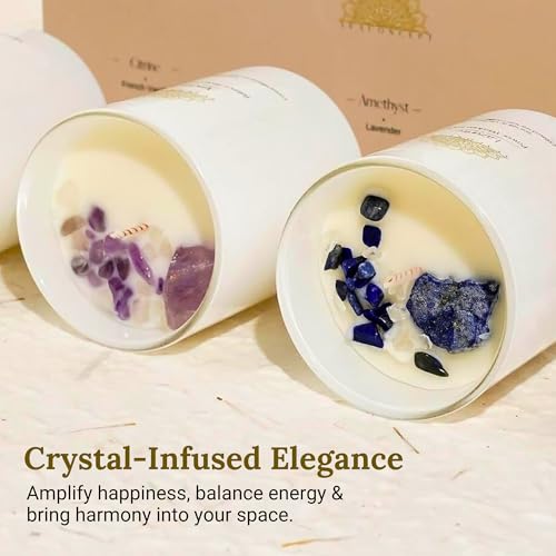 AVACONCEPT Amethyst & Smoky Quartz Crystal Candle Gift Set - 2-Pack Hand-Poured Soy Wax - Lavender Vanilla & Sea Salt Drif...