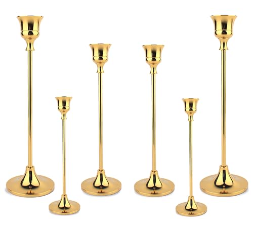 Taper Candle Holder Set of 6, Brass Gold Tall Candlestick Holders, Metal Vintage Candle Stickers Long Holder Set, Pillar D...