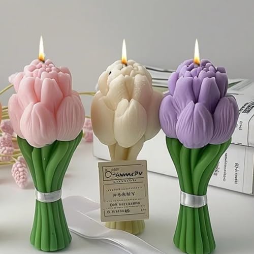 Tulip Flower Bouquet Scented Healing Candle,94G Handmade Long Burning Soy Wax Aroma Decorative Candle for Table Photo Prop...
