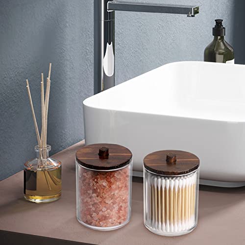 Tbestmax Qtips Holder Bathroom Container, 10 OZ Cotton Ball/Swabs Dispenser, Apothecary Jar Organizer for Storage Brown Wo...
