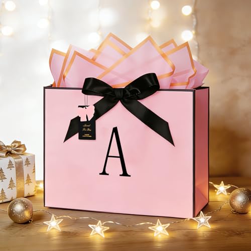 ZUKEPU Birthday Gift Bag, Personalized Initial Pink Gift Bags for Women & Girls, Medium Valentines Gift Paper Bags with Ca...