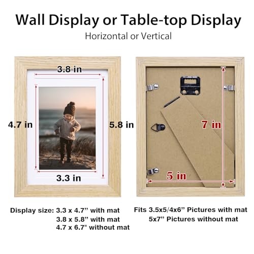 KINLINK 5x7 Picture Frame Natural, Solid Wood Frames with Acrylic Plexiglass for Pictures 3.5x5/4x6 with Mat or 5x7 withou...