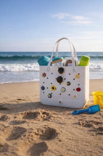 Waterproof Beach Bag Large Pool Tote with Free Charm Gift - EVA Beach Bag for Women, Sand-Free Summer Vacation Bag with Ha...