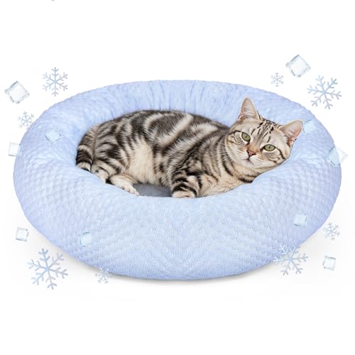 Small Donut Dog Bed - Cooling Calming Cuddler for Cats & Puppies, Anti-Anxiety Ice Fabric Round Pet Bed, Washable Comfort ...