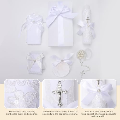 Baptism Candle Set for Boys and Girls,White 5 PCS Baptism Kit Catholic Candle,Baptismal Towel,Shell,Rosary,Bible for Bapti...