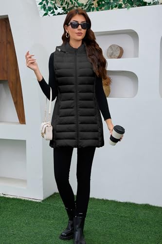 Long Puffer Vest for Women with Hood Lightweight Packable Sleeveless Vest for Spring, Fall & Winter