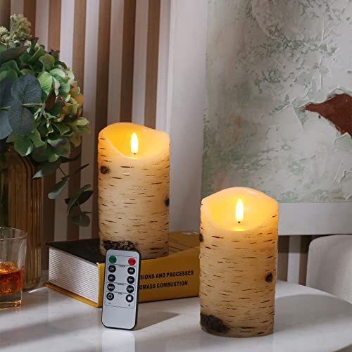 Flameless Candles LED Candles Birch Bark Effect Set of 2 (D:3.25" X H:6") Ivory Real Wax Pillar Battery Operated Candles w...