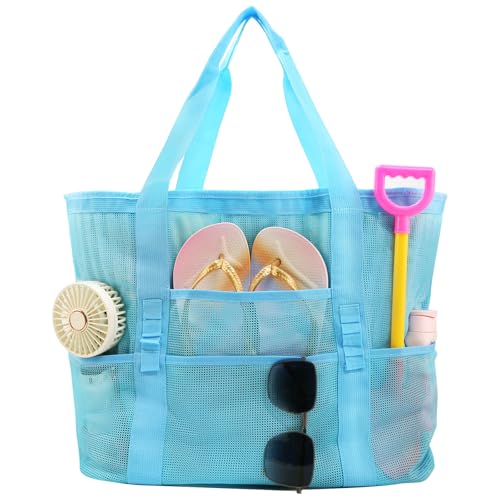 ASBEFORE Large Mesh Beach Tote Bag, 9-Pocket Foldable Summer Vacation Beach Bag for Travel, Pool, Gym, Cruise