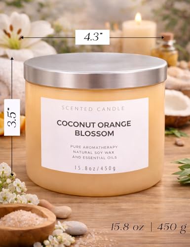 Coconut Orange Blossom Scented Candle - Large 3-Wick Aromatherapy Soy Candle, 15.8 oz - Highly Scented, Clean Burning, Lon...