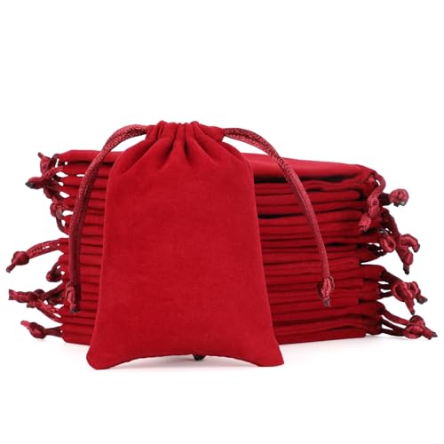 Tapleap Velvet Drawstring Jewelry Bag, 50Pcs Wine Red Coin Pouch, 3x4 Dice Bag, for Wrapping Party Favors or Gifts for Fri...