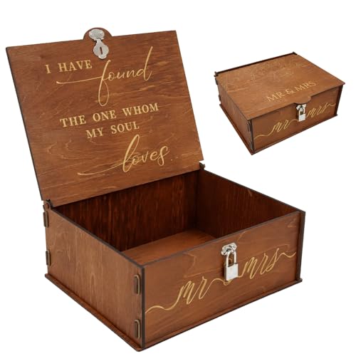 AerWo Mr and Mrs Wedding Keepsake Box, Large Wooden Storage Box with Lid and Lock, Assembled Keepsake Memory Box for Anniv...