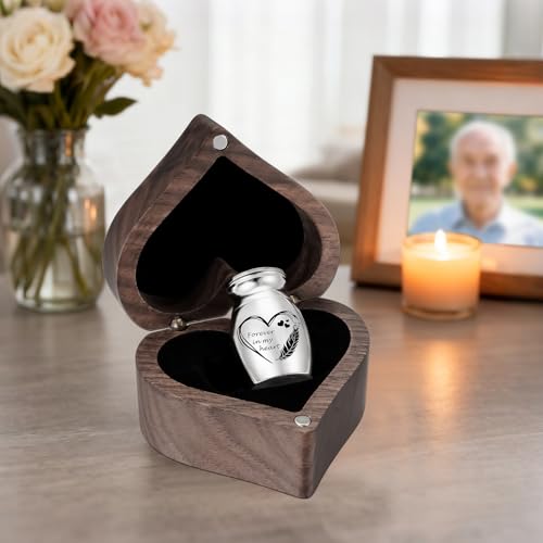 XIUDA Wooden Mini Memorial Small Urns for Ashes Stainless Steel Cremation Mini Urn with Black Walunt Box Funeral Heart Win...