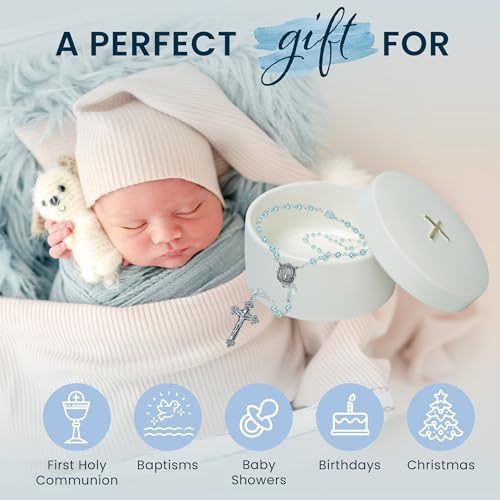 Baptism Gifts for Boys – Blue Rosary with Ceramic Keepsake Box and Card, Catholic Communion Gift, Christening and Baby Sho...