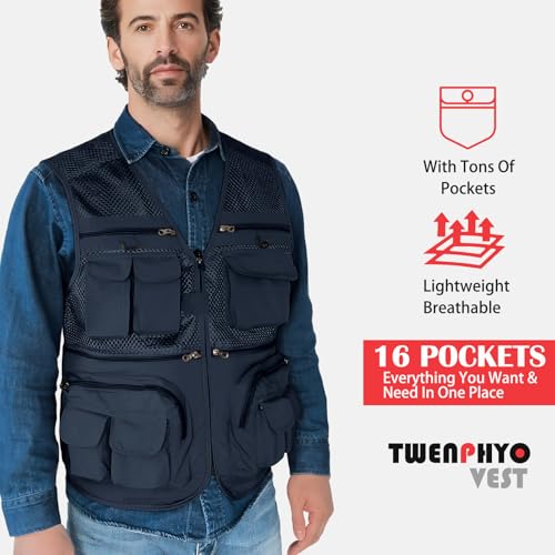TWENPHYO Versatile Men's Summer Vest for Fishing, Travel, Outdoor Work, Safari and Photography with Multiple Pockets