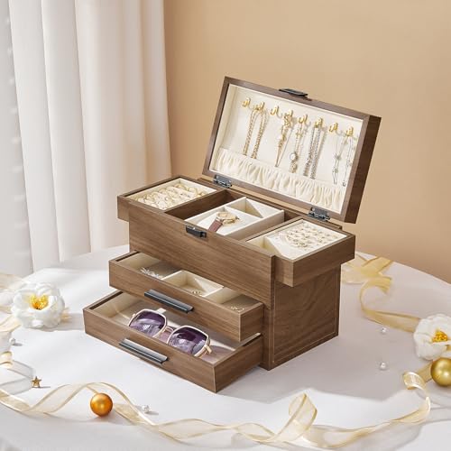 HOOBRO Wooden Jewelry Box for Women Girls, 4-Layer Jewelry Organizer with Vertical Necklace Storage, Large Jewelry Holder ...
