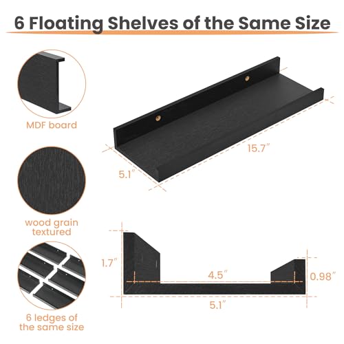 upsimples Floating Shelves for Wall, Wall Shelves for Decor Storage Set of 6, Wall Mounted Wood Shelf for Bedroom, Living ...