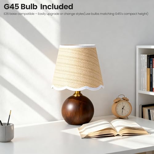 URLIGHTS 11.4" Modern Wooden Bedside Table Lamp, Small Nightstand Desk Lamp with Fabric Shade, Warm Ambient Light, Dimmabl...
