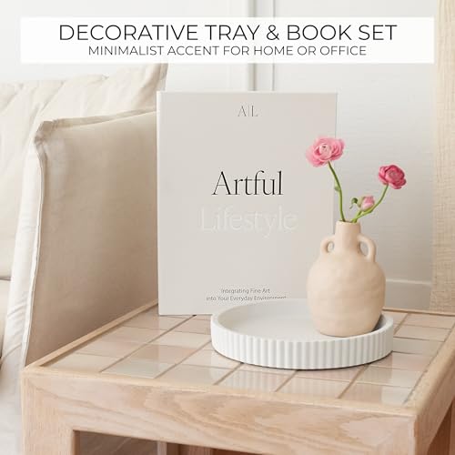Decorative Concrete Tray & Book Decor Set - Scalloped Tray & Linen Box Enhance Your Coffee Table or Bookshelf Decor - Styl...