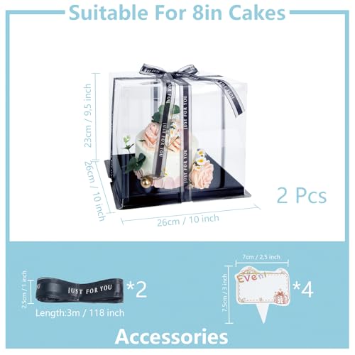 Thxutm Clear Cake Box, 2 Pcs Transparent Cake Carrier Box with Lids, 8'' PET Packaging Boxes with Ribbon Gift Card for Pas...