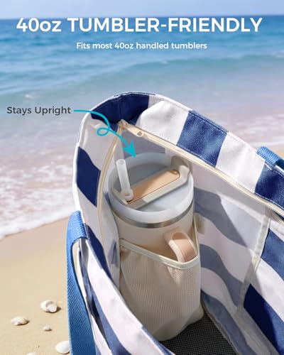 WANDF Beach Bags for Women, Large Waterproof Sandproof Beach Tote Bag with Zipper Family Pool Bags with 40oz Tumbler Pocke...