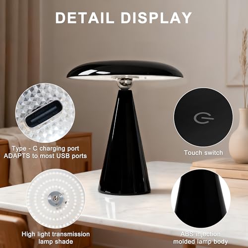 Ligrel Mushroom Lamp Mid Century Modern Table Lamp, LED Cordless Rechargeable Bedside Light, Dimmable Touch 3-Color Temp, ...