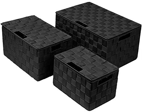 Sorbus Set of 3 Black Woven Storage Baskets with Lids – Mesh Hand-Woven Bins for Closet, Shelf, and Linen Organization – V...