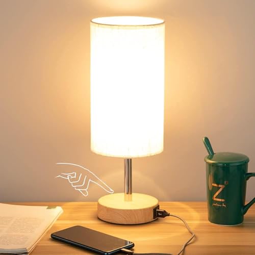 Yarra-Decor Bedside Table Lamp with USB Port - Touch Control for Bedroom Wood 3 Way Dimmable Nightstand Lamp with Round Fl...